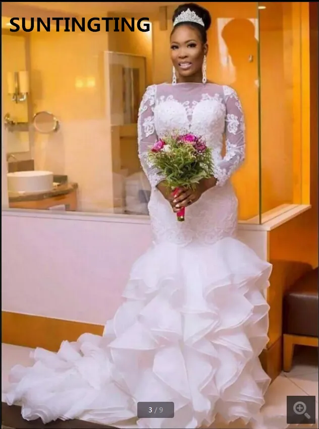 

2020 vintage white lace South African Nigerian Wedding Dresses mermaid Long Sleeve ruffled court train bridal gowns best sale