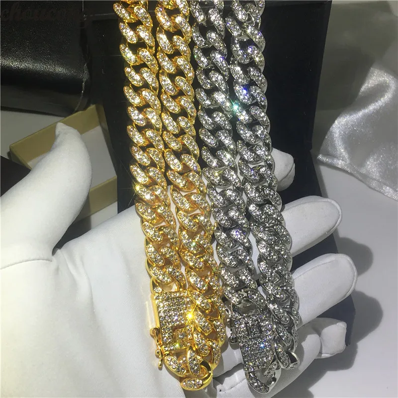 

Handmade Male Iced Out Crystal cz Necklace 12.5mm Heavy Miami Cuban Link Chain Hiphop Gold Color Fashion Party Jewelry For Men