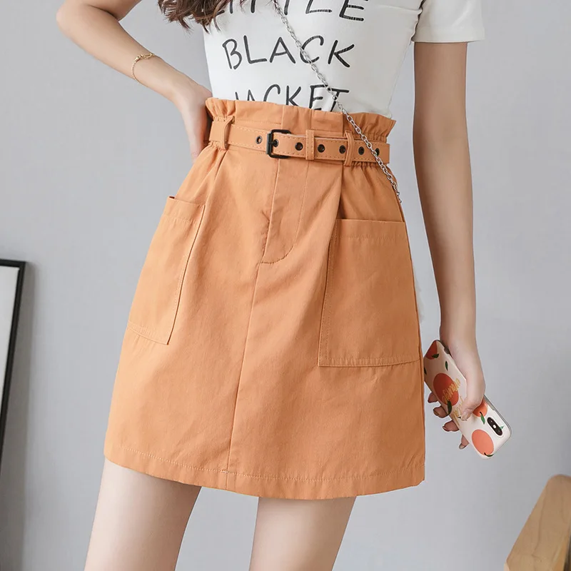 

Loose-Fit Elastic Waist Pocket A- line Skirt (Belt Included)