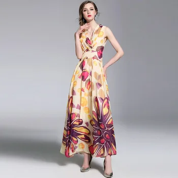 

HAMALIEL Elegant Summer Maxi Beach Ball Gown Dress 2020 New Summer Sleeveless Chiffon Printing Flowers Sexy V Neck Party Dress