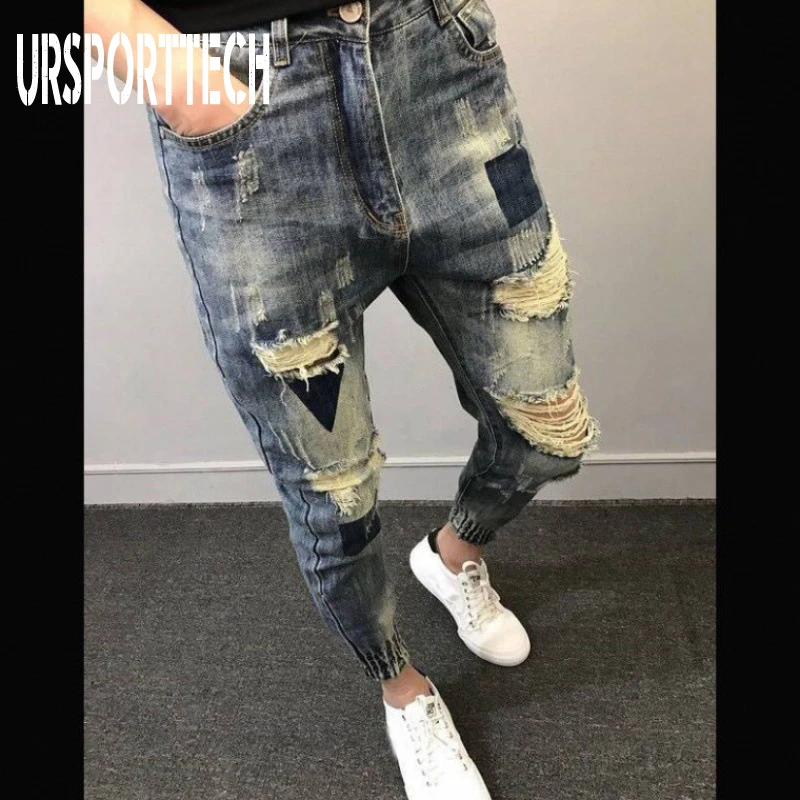 

URSPORTTECH Men Jeans Men Ripped Loose Biker Jeans Destroyed Hole Taped Slim Fit Denim Scratched High Quality Jean Plus Size