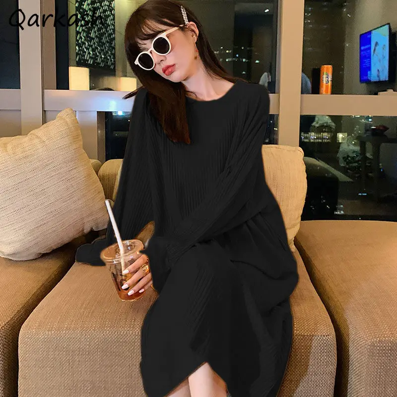 

Nightgowns Women Korean Fashion Spring Long Sleeve Sweet Lovely Loose Simple Ladies Solid Mid-Calf Leisure Round Neck Clothing
