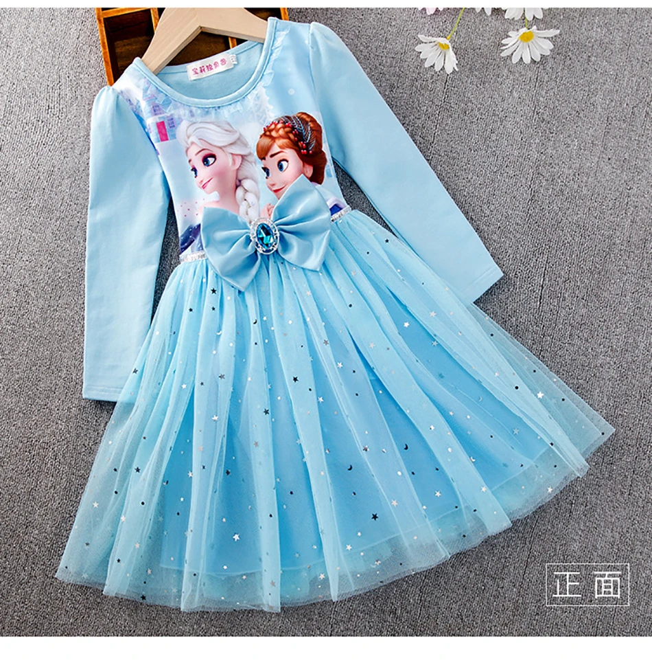Disney Autumn Kids Dresses for Girls Frozen 2 Elsa Anna Princess Costume Vestidos Bow Tie Mesh Spring Little Children Outfits