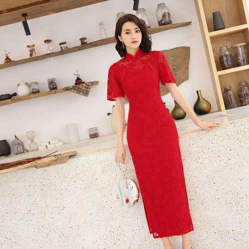 Sheng Coco китайское красное свадебное Qipao кружевное Яркое Красное тонкое длинное платье Cheongsam для невесты Одежда для тостов восточные платья