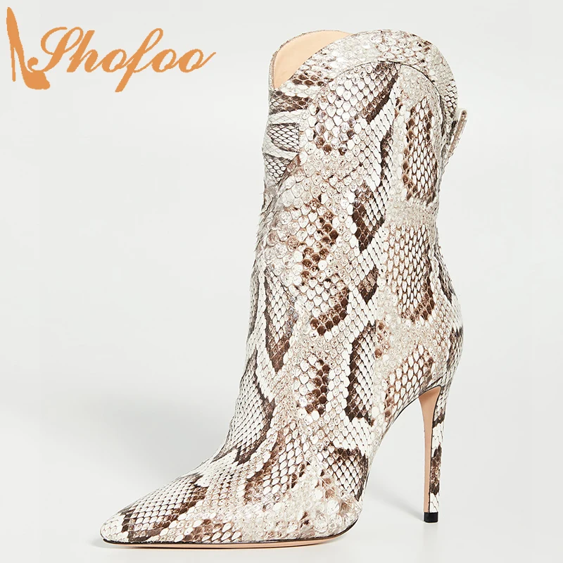 

Snake Skin Embossed Woman Ankle Boots High Thin Heels Pointed Toe Ladies Fashion Booties Shoes Slip On Large Size 12 16 Shofoo