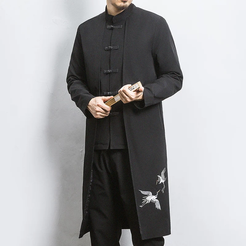 Sinicism Store, Мужская модная длинная куртка с вышивкой, Тренч, мужской Тренч с пряжкой в китайском стиле,, мужские весенние пальто, M-5XL одежда - Цвет: Black(AsianSize)