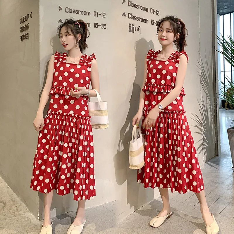 

Maternity Clothes Summer 2019 New Style Retro Polka Dot Pleated Vest Pregnant Women Mid-length Dress