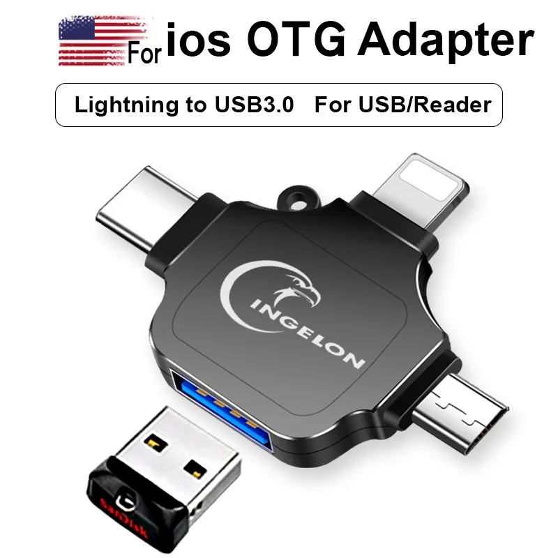 Переходник OTG 3 в 1 для ios/micro USB/Type C адаптер с подсветкой на USB 0 ридер картридер все одном без приложения