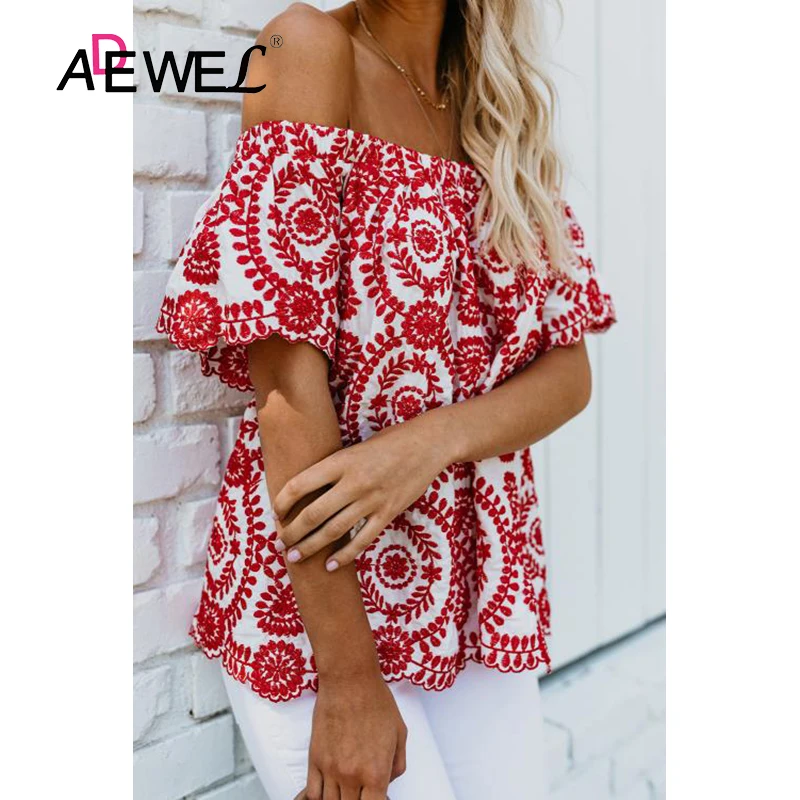 ADEWEL, красный, белый, с открытыми плечами, Цветочный, размера плюс, топ, Женская мода, Camisa Feminina, Женская свободная футболка, одежда 2XL