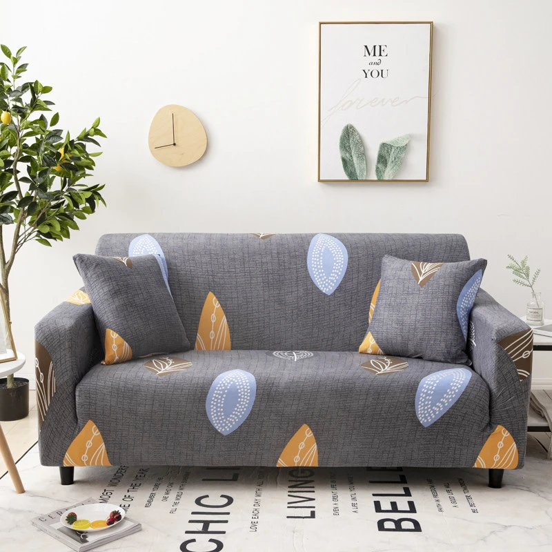 cheap Leaf Printed Deep Gray Sofa Cover Stripes Elastic Furniture Protector For Living Room 1 2 3 4 Seater L Shaped Corner Couch Cover