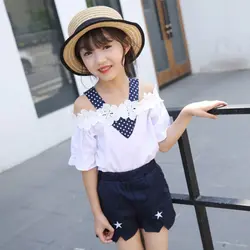 Weixu/комплекты летней одежды для маленьких девочек 3-14 лет, детские кружевные топы с открытыми плечами, футболки + шорты, комплект из 2