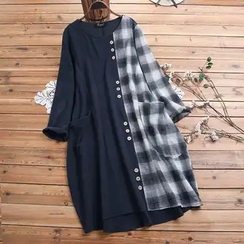 

ZANZEA 2020 Spring Women Plaid Checked Patchwork Dress Vintage Long Sleeve Loose Sundress Casual Work Long Shirt Vestido Robe