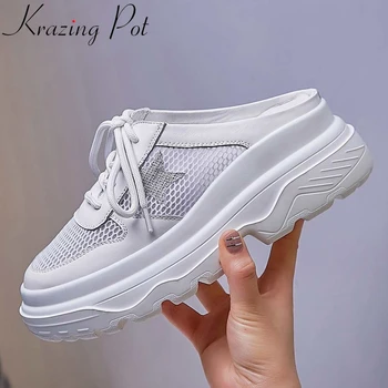 

Krazing pot new full grain leather round toe thick bottom bowtie rhinestone star breathable leisure vulcanized shoes women L22