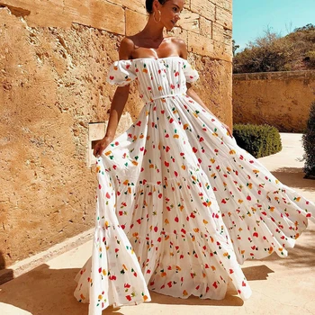

NEDEINS Women Summer Printing Dresses Fashion Maxi Sexy Off Shoulder Boho Dresses Puff Sleeve A-Line White Beach Long Dress