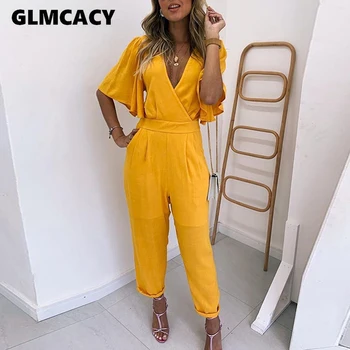 

Women Short Sleeve V-neck Backless Wide Leg Jumpsuit Casual Solid Chic Elegant Summer Overall