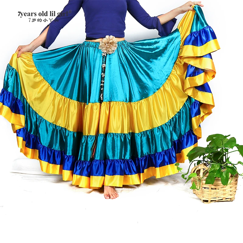 Digital Printed Satin 12 Yard 4 Tiered Skirt Belly Dance Tribal Ruffle Flamenco 