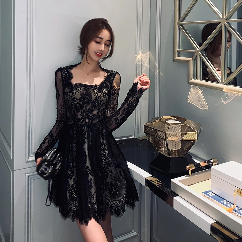 Элегантное Ажурное черное кружевное женское платье с длинным рукавом; сезон осень-весна; трапециевидные вечерние мини-платья; пикантная модная женская одежда