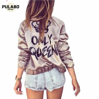 

2019 New Spring Autumn Women Bomber Jacket Women Coat Crown Queen Print Long Sleeve Zipper Top Coat Biker Casual Short Outwear