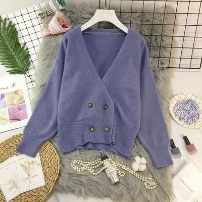 blue Однотонный кардиган, свитера для женщин, модный двубортный свитер, женские элегантные свободные свитера с длинным рукавом, женские свитера - Цвет: blue