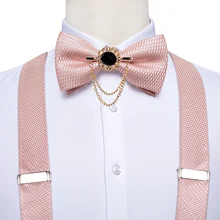 Luxury Pink Solid Silk Suspenders Bowtie Set Y-Back Leather Metal 6 Clips Suspender Braces Wedding Ties Accessories DiBanGu