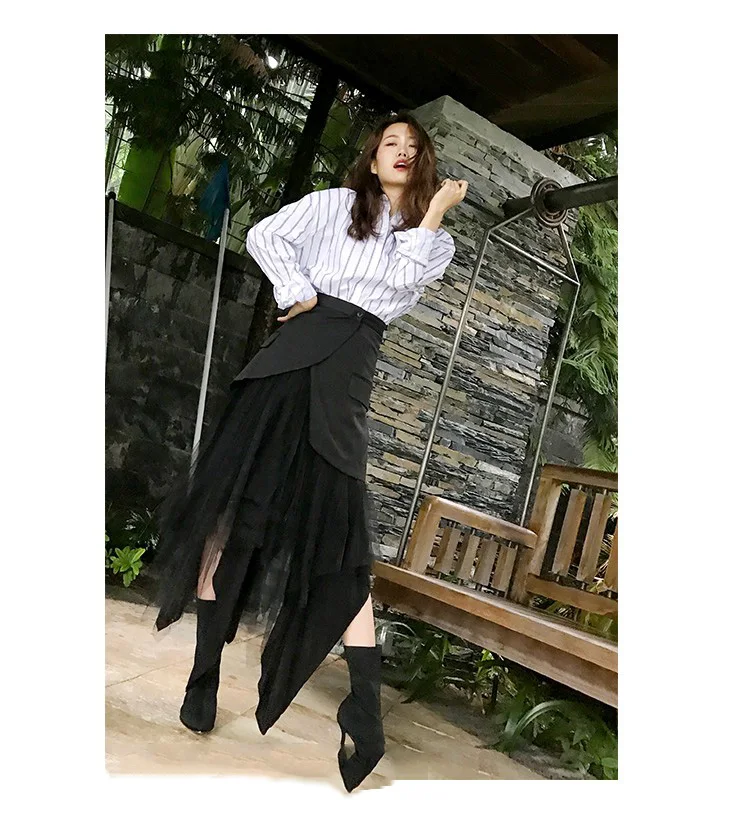 Sexy Black Mesh Patchwork Long Skirts for Ladies Elegant Style Women High-waisted Blazer Work Skirts Steam Punk Style