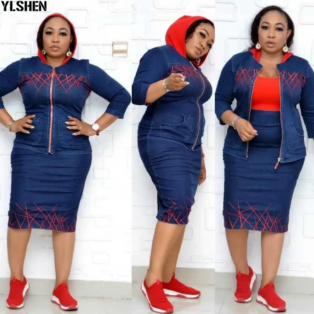 

Two Piece Skirt and Top Set African Dresses for Women Denim Outfits Dashiki Ankara Style African Clothes Ladies Robe Africaine