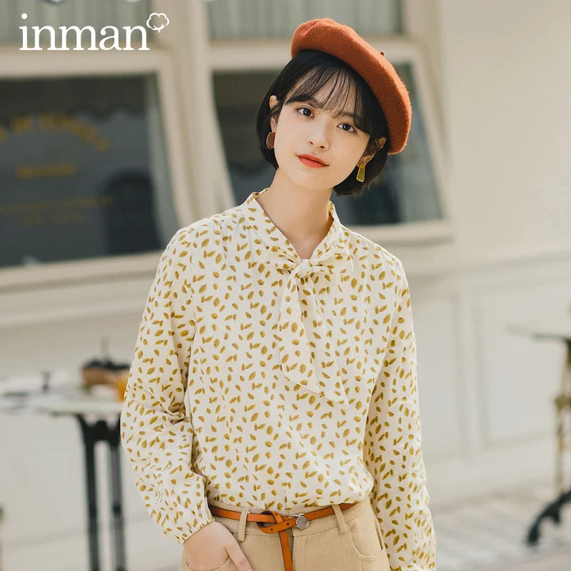 

INMAN 2020 Spring New Arrival Literary Bowknot Lace-up Collar Printed Loose Puff Sleeve Blouse