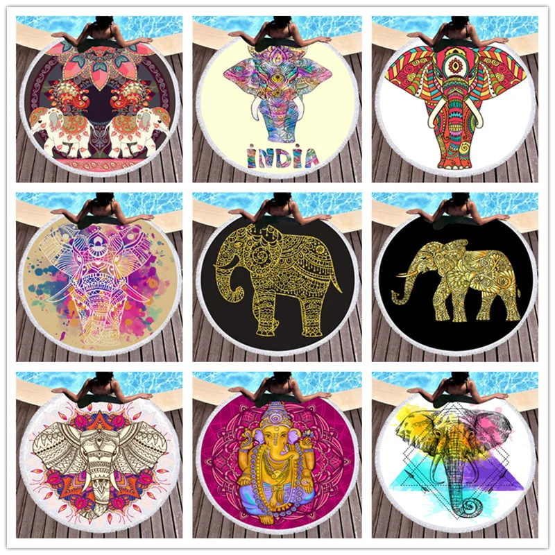 

Elephant Printed Beach Towels Microfiber Household Bath Towel Outdoor Fashion Round Beach Towel Woman Yoga Mat Picnic Carpet