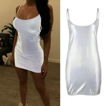 

Women Spaghetti Strap Sliver Reflective Wrap Dress Summer Sexy Backless Party Clubwear