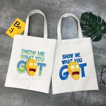 

Show Me What You Got Rick and Morty Canvas Simple Cartoon Print Shopping Bags Girls Fashion Life Casual Pacakge Hand Bag