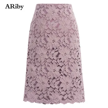 

ARiby Plus Size Lace Skirts Women New Elegant Office A-Line Hollow OL Work Party Ladies Slim Elastic Waist Midi Thin Hip Skirt