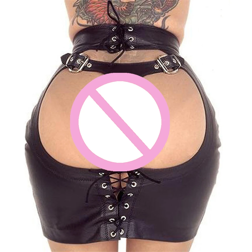 Готическая Черная кожа юбка панк большая задница открытые Butt мини-юбки