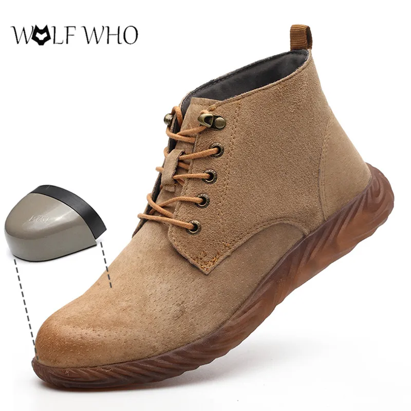

Men Work Shoes Leather Cap Toe Steel Indestructible Outdoor Stab-Resistant Construction Safety Boots Plus Size 35-46#