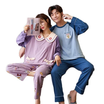 

Couple's Pajamas Cotton Long-Sleeved Spring and Autumn Cartoon Women's Leisure Tops Men's Suit