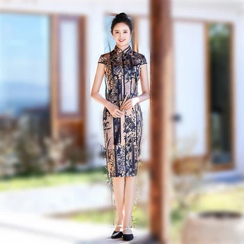

Ladies Oriental Sexy Pattern Design Cheongsam Dresses Black Flower Oriental Style Evening Dress Chinese Traditional Qipao