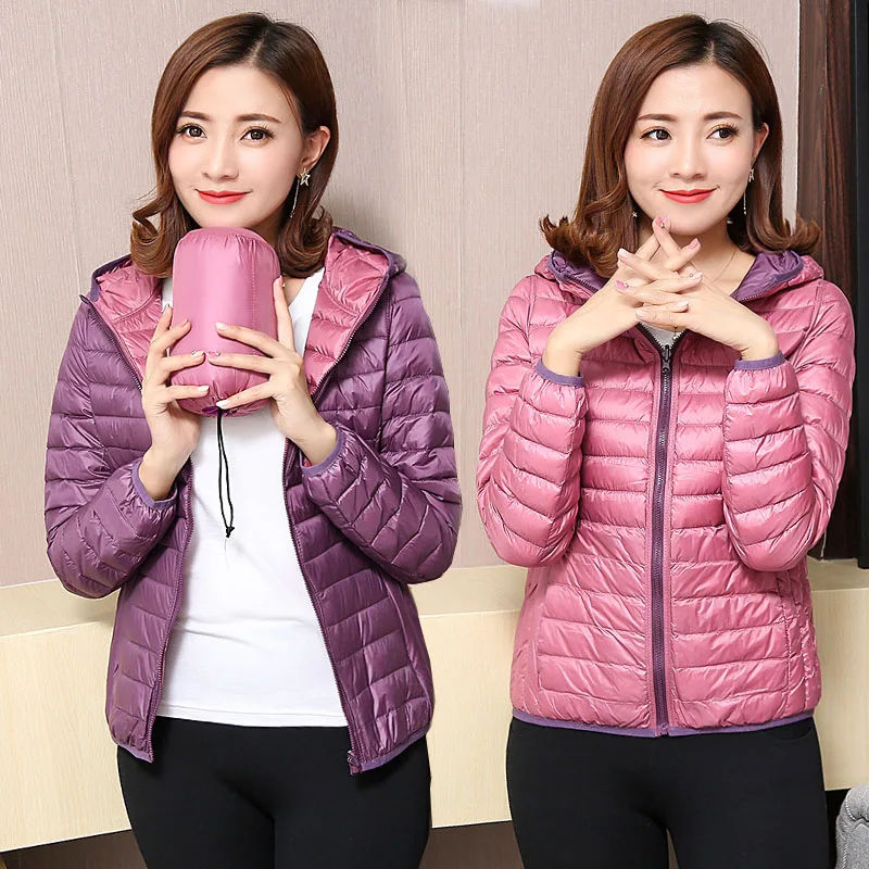 

2020 Winter Women Double-sided Down Jackets Ultralight Hooded Duck Down Coat Portable Windproof Reversible Female Puffer Jacket