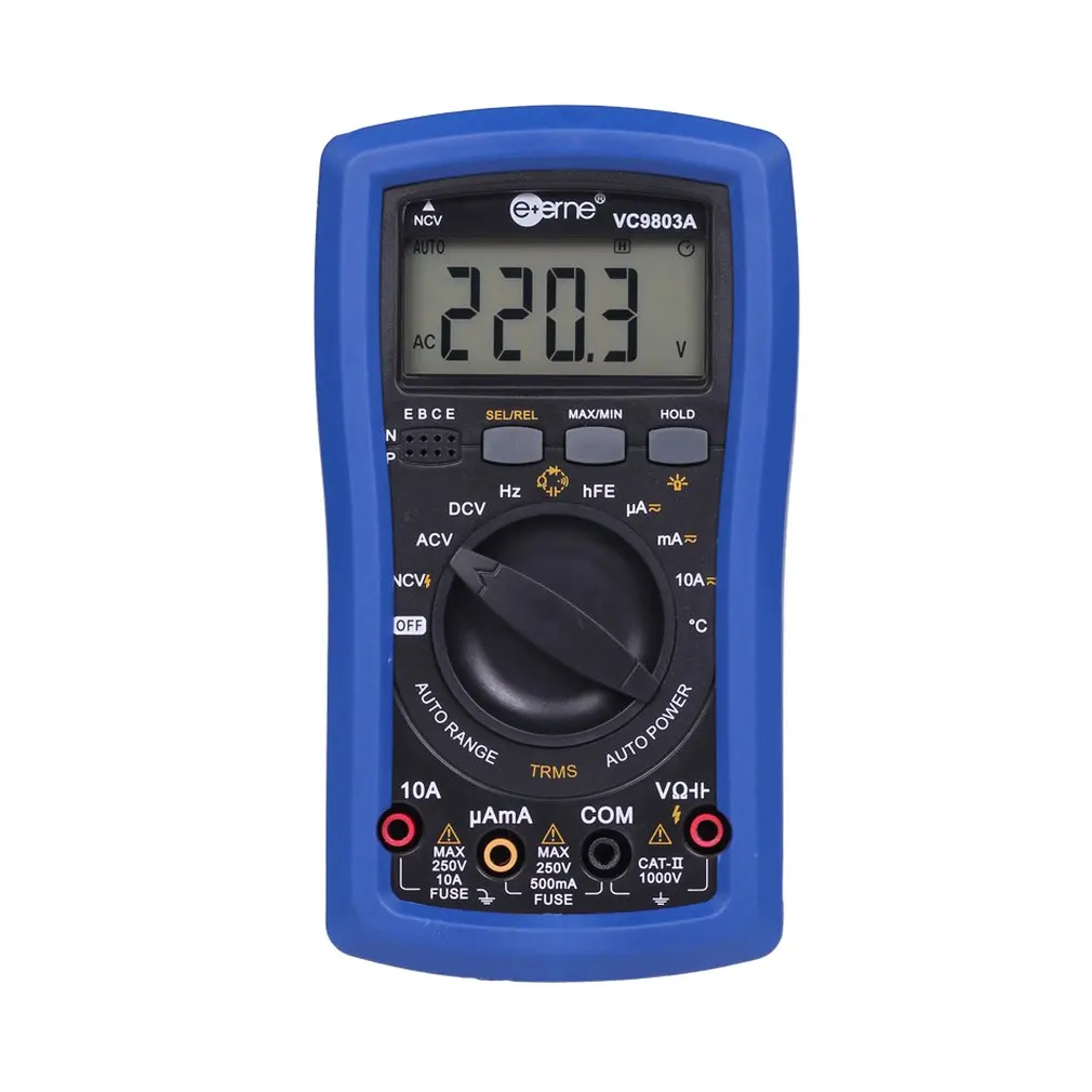 

Digital Multimeter DC/AC Current Voltage T-RMS Auto Range NCV/Capacitor/ Frequency/hFE/Diode/Temperature Tester VC9803A