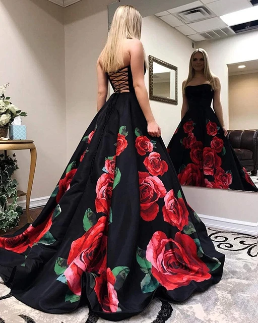 Long Satin Floral Rose Printed Prom Dresses with Pockets Strapless