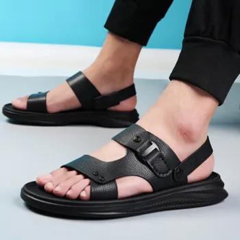 

Slippers men 2020 summer new men's casual leather sandals open toe breathable fashion beach shoes soft bottom non-slip shoes