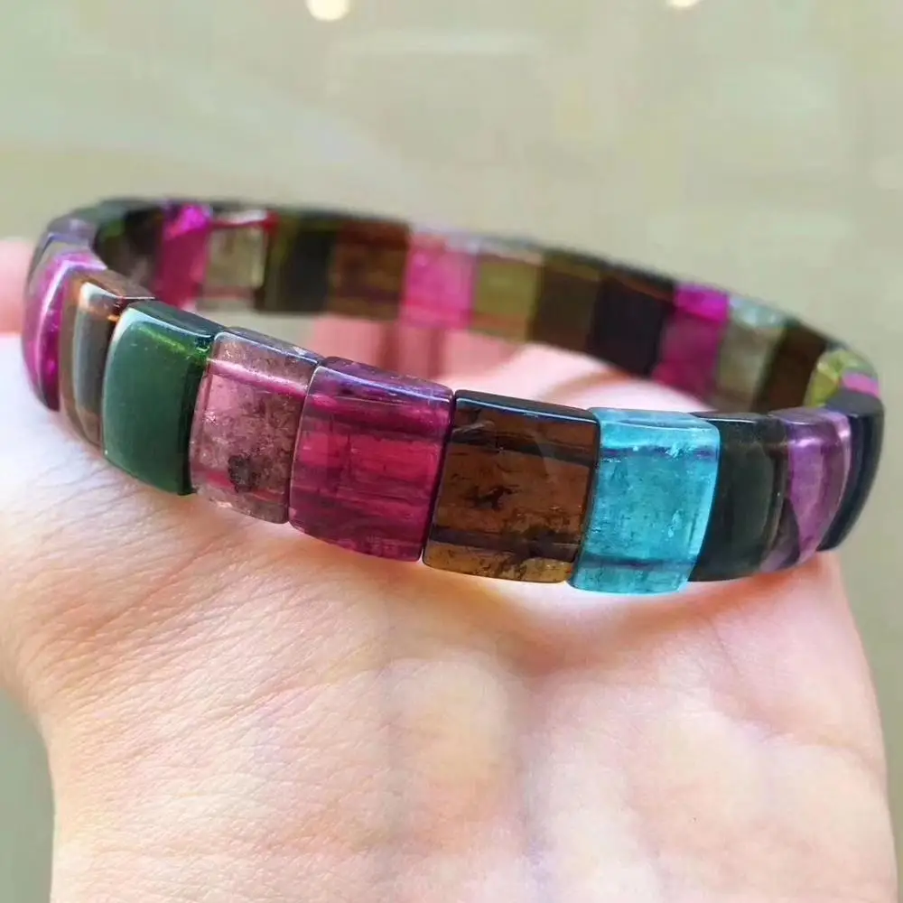 

Real Natural Brazil Rainbow Tourmaline Crystal Bracelet For Women Lady 10x7.2mm Clear Rectangle Beads Bangle Bracelet AAAAA