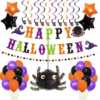 

HAPPY Halloween Spider Balloon Garland DIY Halloween Banner Pull Flag Black Orange Disc Pull Flower Purple Spiral Ornament