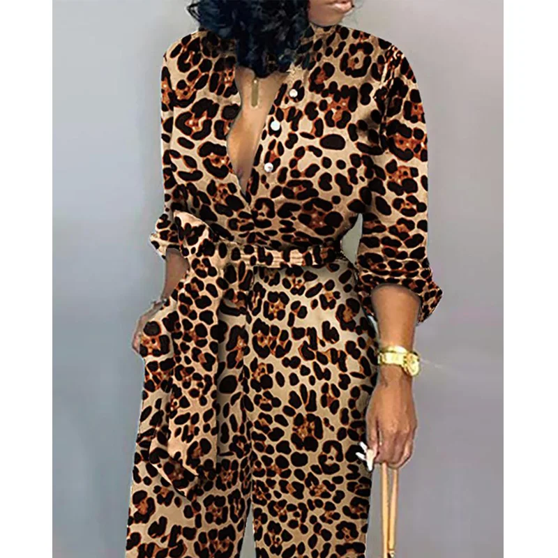 Sexy women romper Leopard Tied Waist Long Sleeve Jumpsuit Sexy women romper Leopard Tied Waist Long Sleeve Jumpsuit