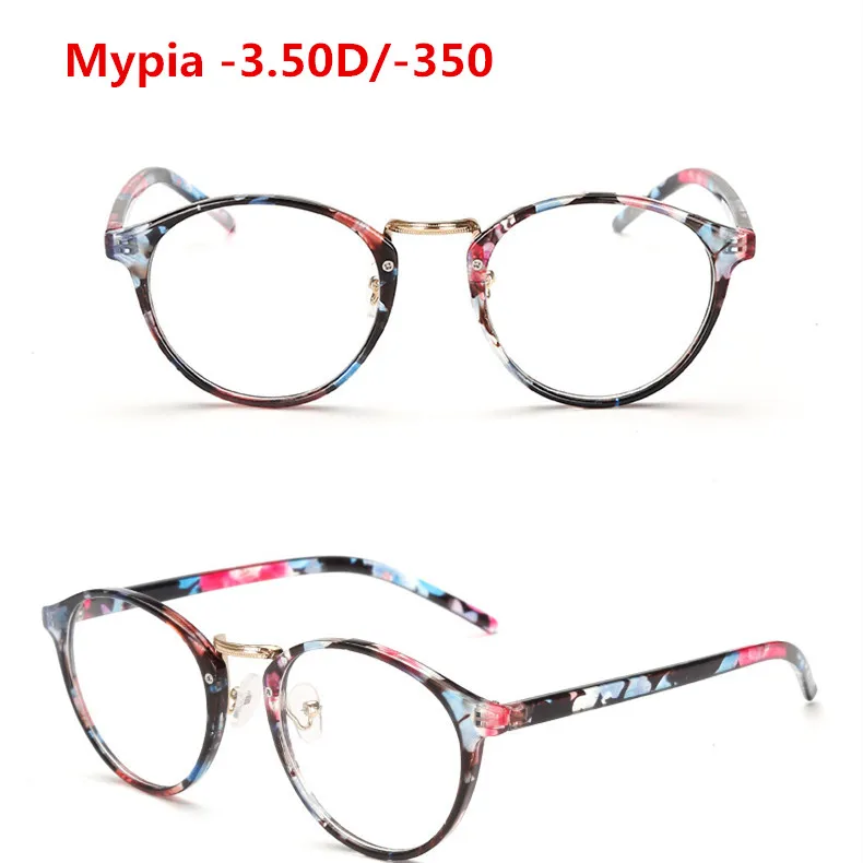 Ультралегкие TR90 готовые очки для близорукости для женщин и мужчин ретро круглые студенческие близорукие очки с диоптриями-0,5-1,0-1,5-2,0-6,0 - Цвет оправы: BlueFloral Myopia350