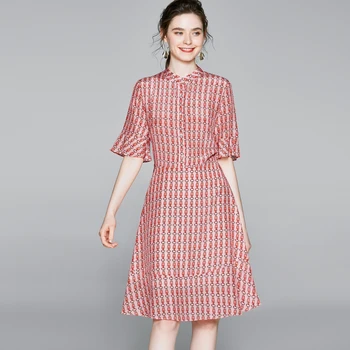 

100% Silk Women's Dress O Neck Half Sleeves Ruffles Printed Fashion Casual Designer Dresses