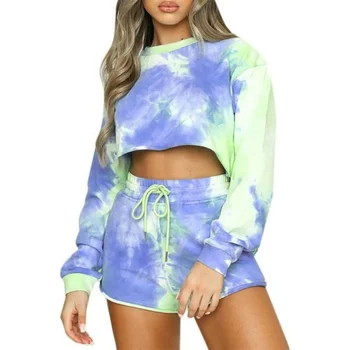 

2 pieces set Women's Fashion 2020 Tie Dye Gradient Long Sleeve Crop Top Drawstring High Waist Shorts Autumn Women clothing Set
