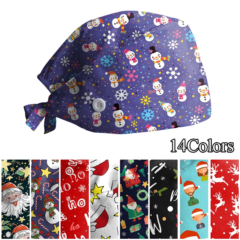 Christmas Snowflake Print Adjustable Fashion Print Scrub Hat Dust-Proof Cap Cotton Nurse Cap Bandage Men Women Surgical Hat Cap true religion skully hat