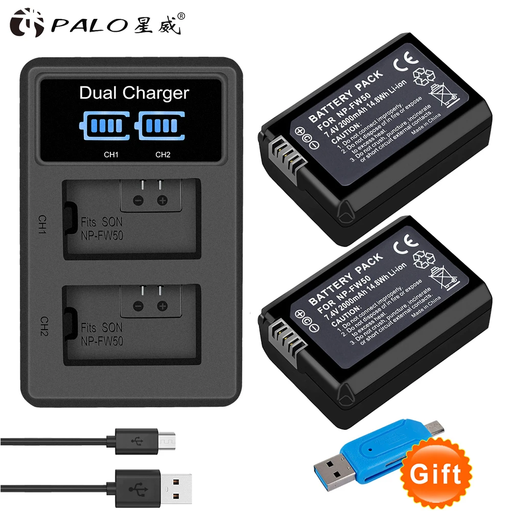 

PALO USB Dual charger for NP-FW50 NP FW50 NPFW50 7.4V 2000mAh Camera Battery for Sony Alpha a6500 a6300 a7 7R a7R a7R II a7II