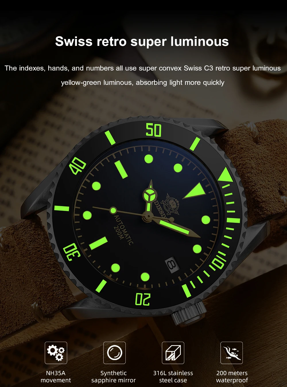 Addies Dive 2101 Men's Automatic Watch NH35 Stainless Steel Wrist Watch Black Matte Dial Super Luminous 200m Diving Watches