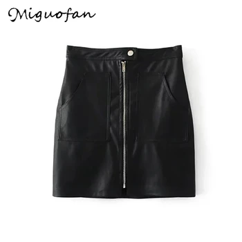 

Miguofan PU Faux Leather Mini Skirt Women Vintage Stylish 2020 Fashion Zipper Decorate Pockets Female Skirt Casual Faldas Mujer
