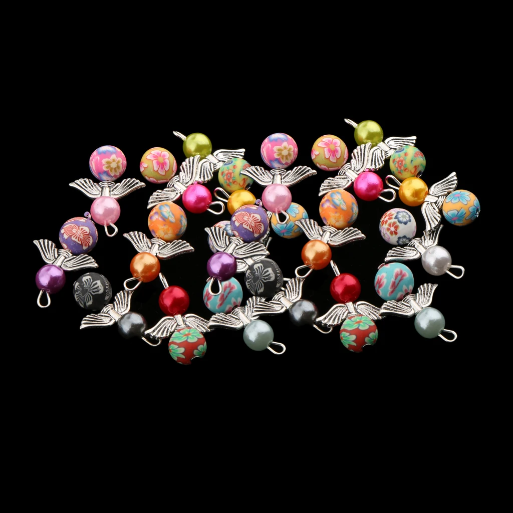 20 Pcs Tibetan silver color Angel Wing Pearl Polymer Clay Beads DIY Dangle Pendants Earrings Bracelets Necklaces Chokers